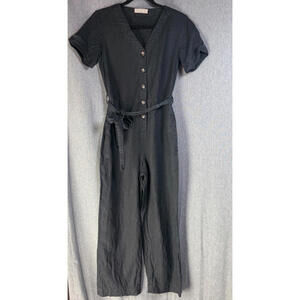 Everlane Jumpsuit Women's 0 Black Linen Short Sleeve Cropped Straight Leg Belted